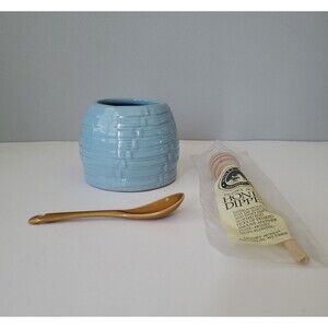 Frankoma 803 Light Blue Pottery Honey Pot Jar w Dipper and Brown Spoon